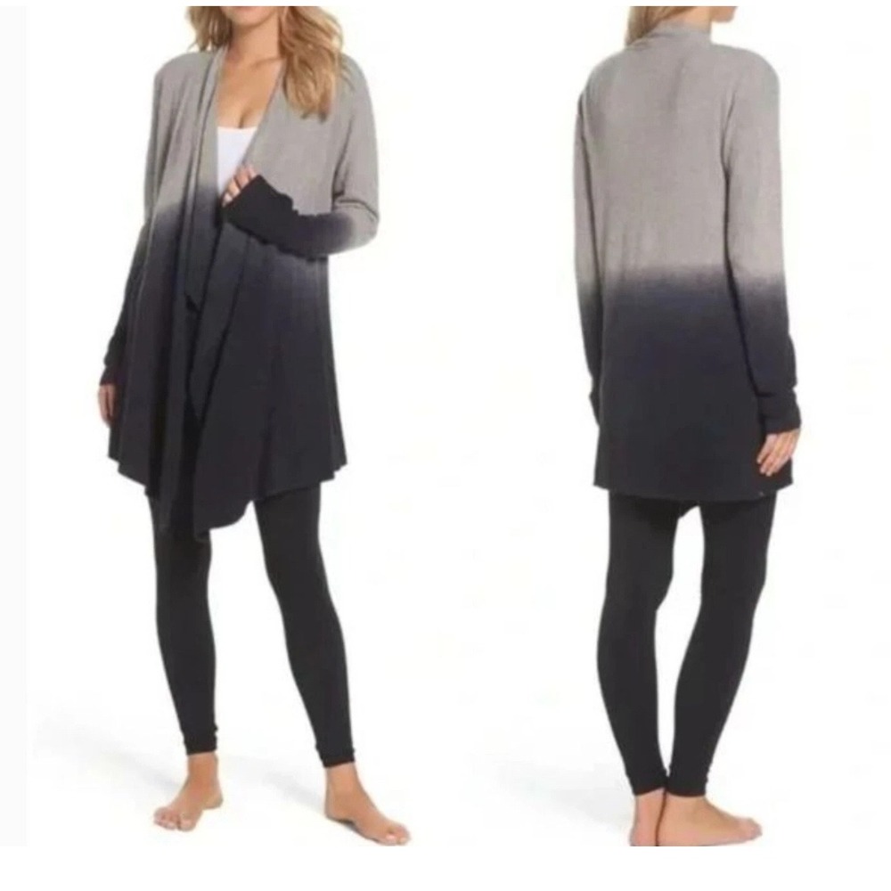 Barefoot Dreams CozyChic‎ Gray Black Draped Cardigan Sweater Soft Comfy Lounge